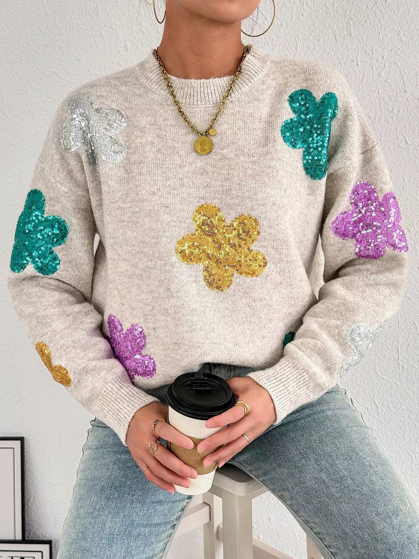 Sequined Floral Round Neck Sweater