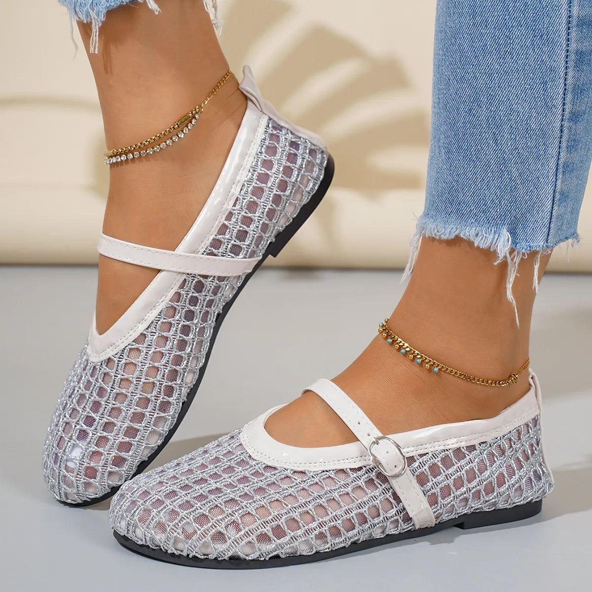 Woven Mesh Mary Jane Sandals with Buckle Strap