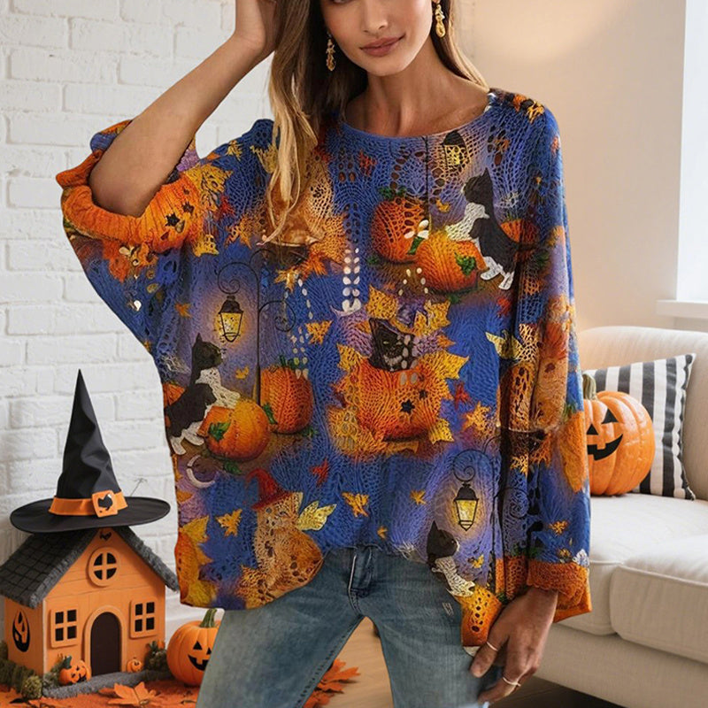 Women’s Hollow Out Batwing Top – Halloween Pumpkin Print Blouse