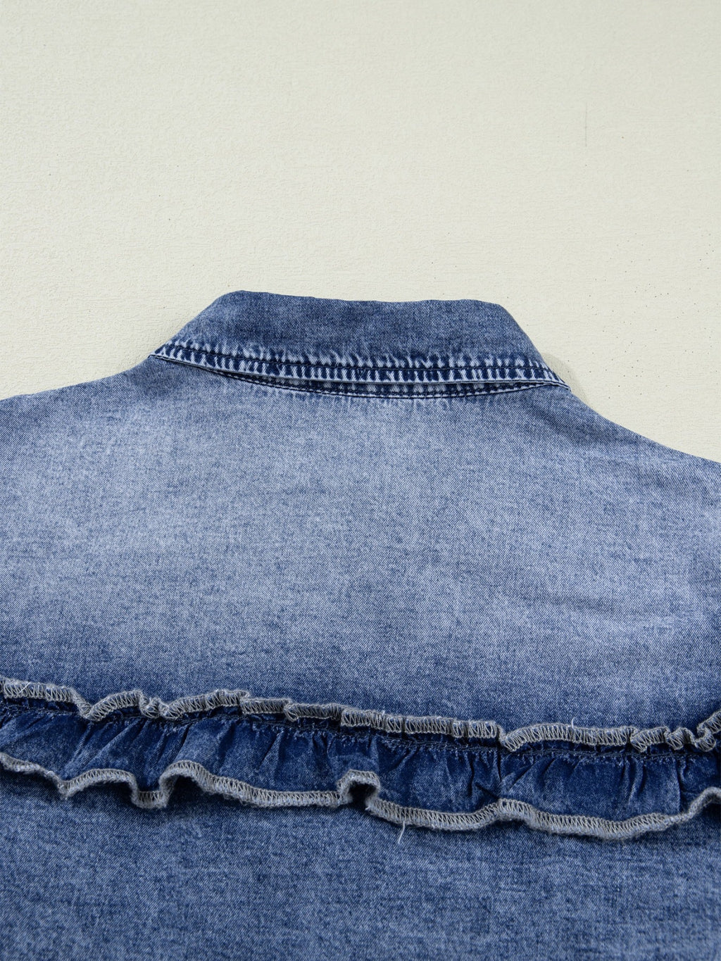 intage Wash Denim Ruffle Detail Button Down Shirt