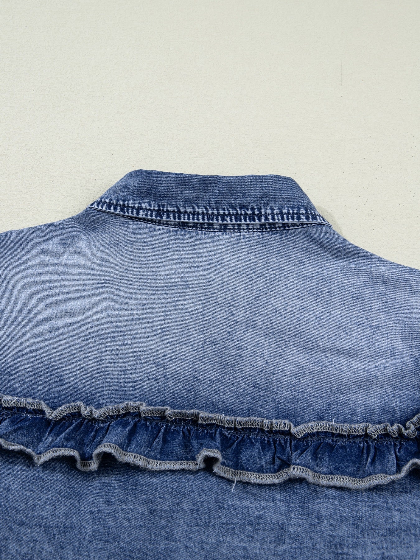 intage Wash Denim Ruffle Detail Button Down Shirt