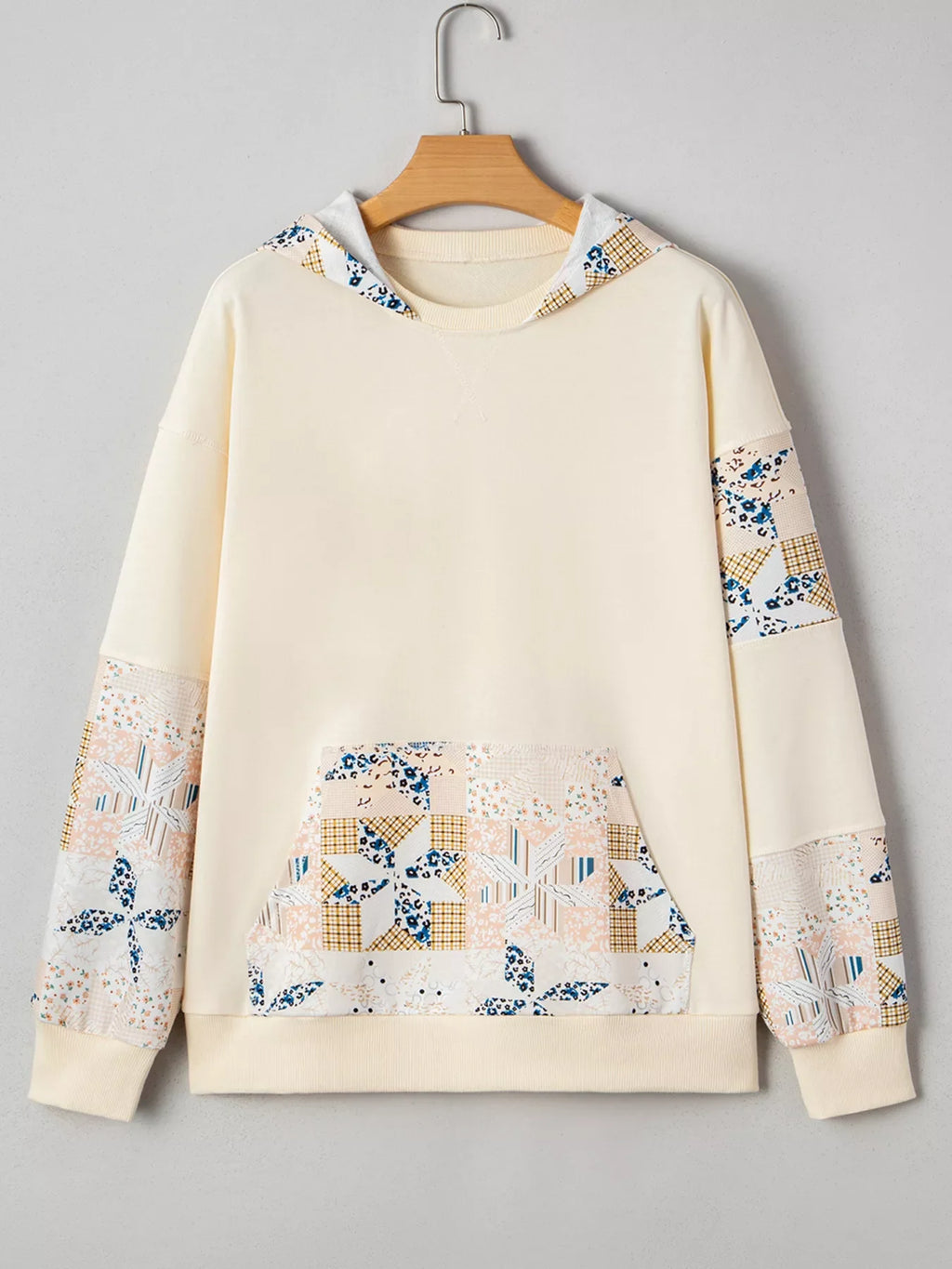 Geo Pattern Patchwork Hoodie with Kangaroo Pocket