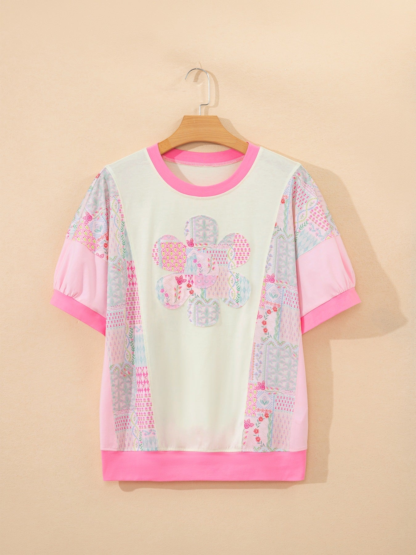 Color Block Floral Patchwork Big Flower Accent Relaxed Top
