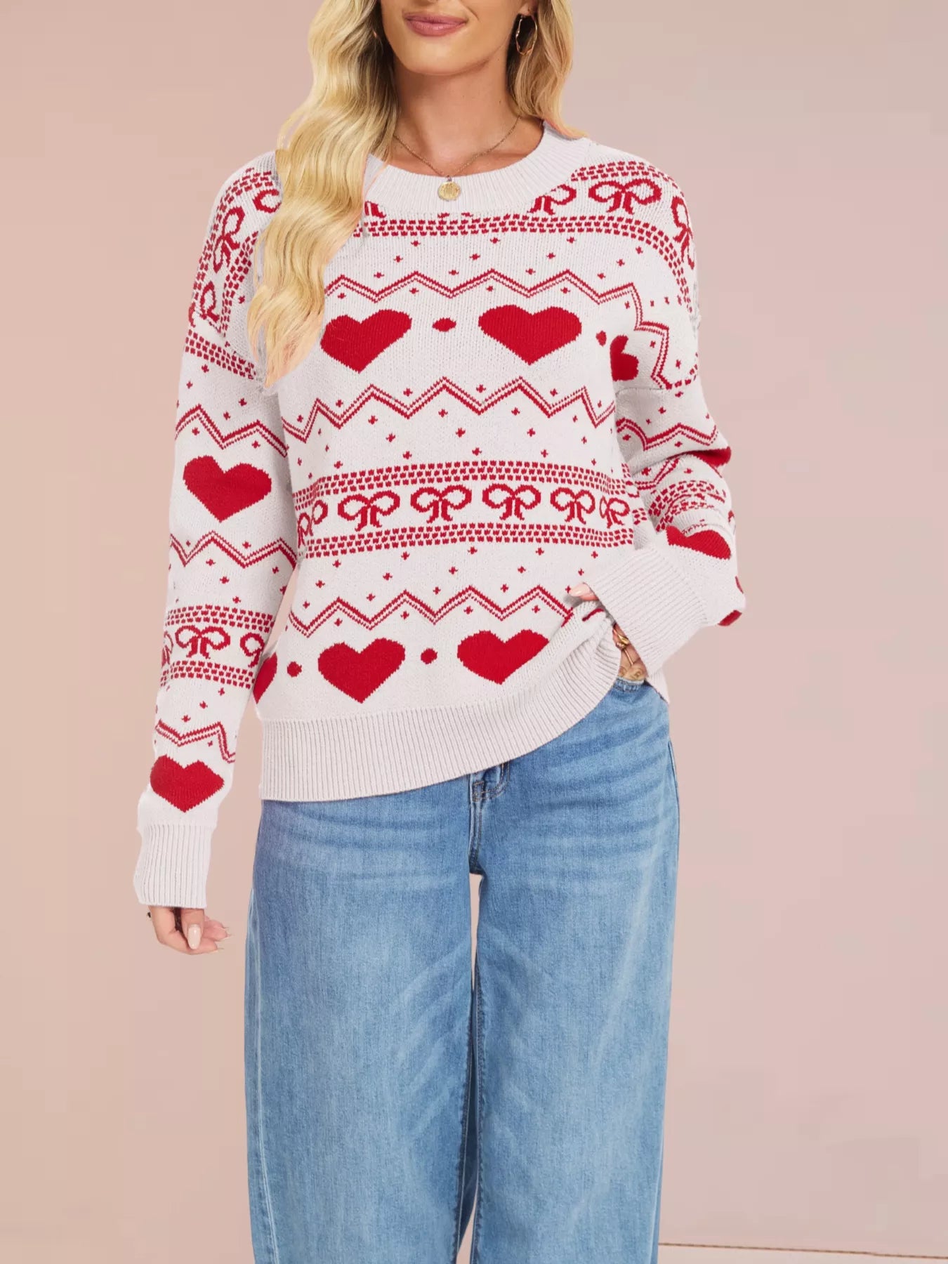 Heart & Bow Pattern Round Neck Sweater