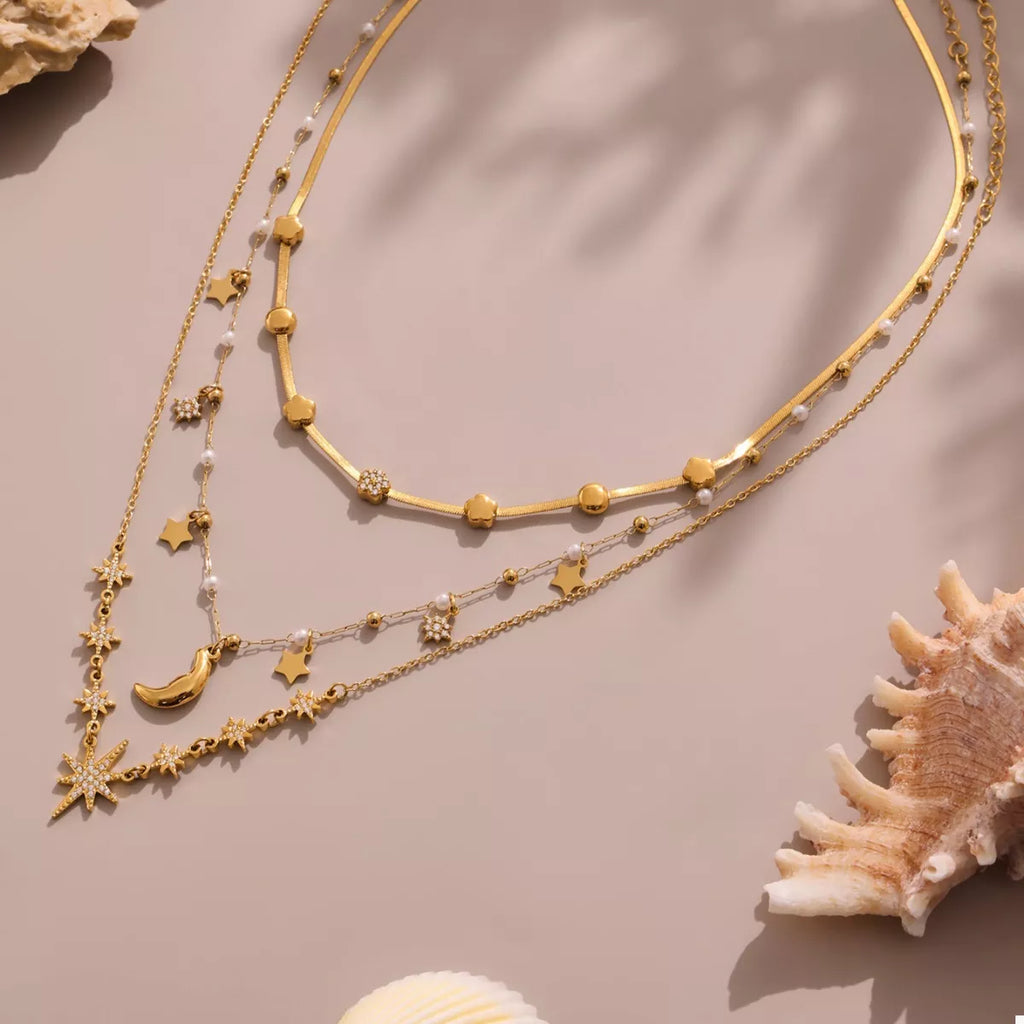 18K Gold-Plated Stainless Steel Zircon Star Moon Necklace
