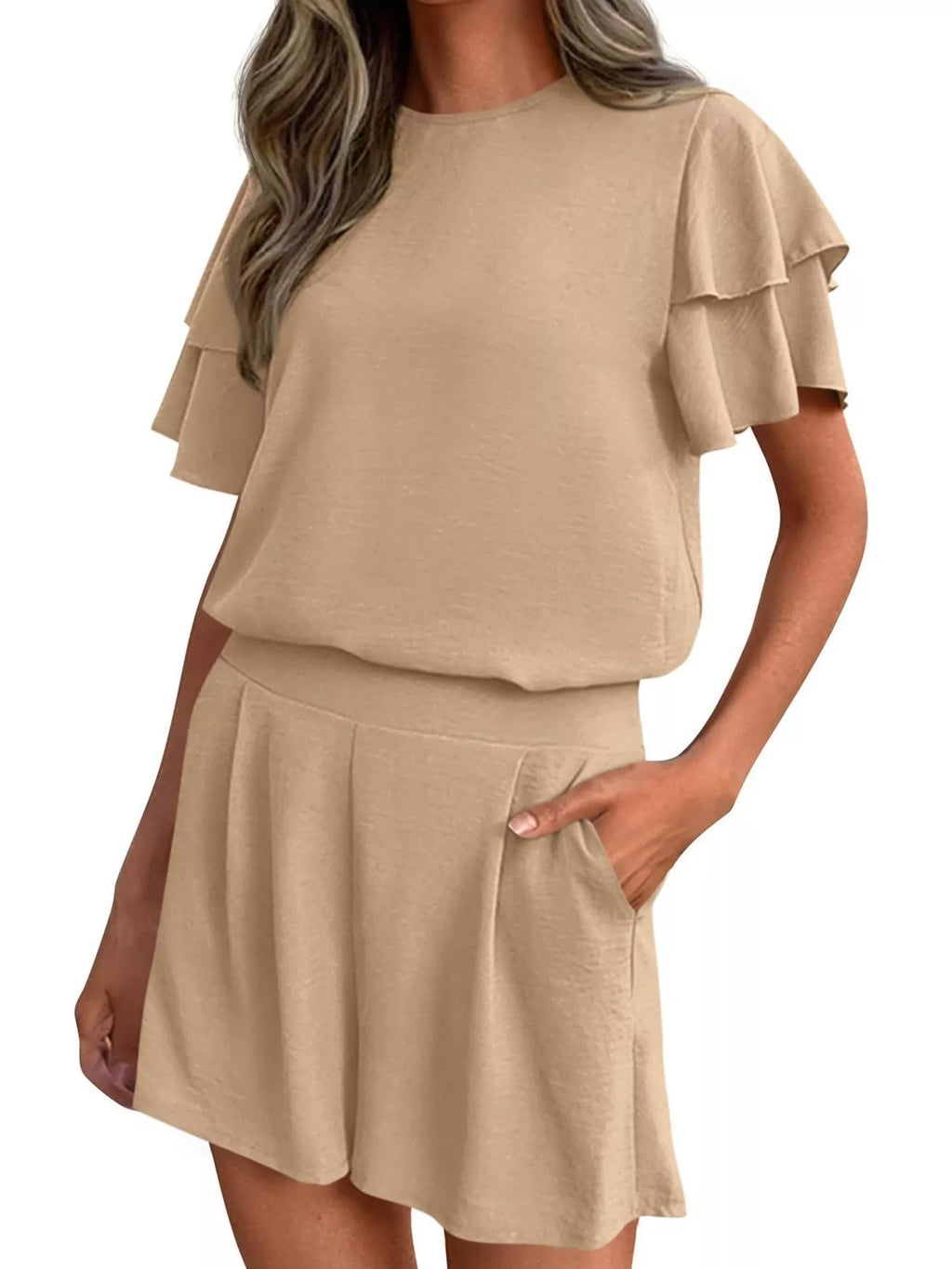 Ruffle Sleeve Top and Shorts Two-Piece Set