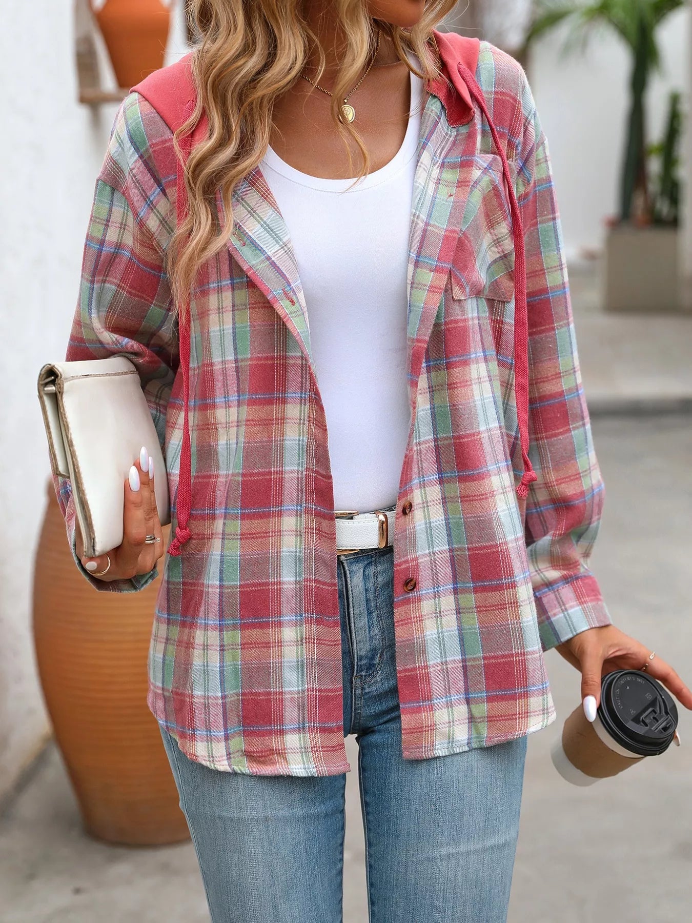 Plaid Button-Up Hooded Shirt with Chest Pocket
