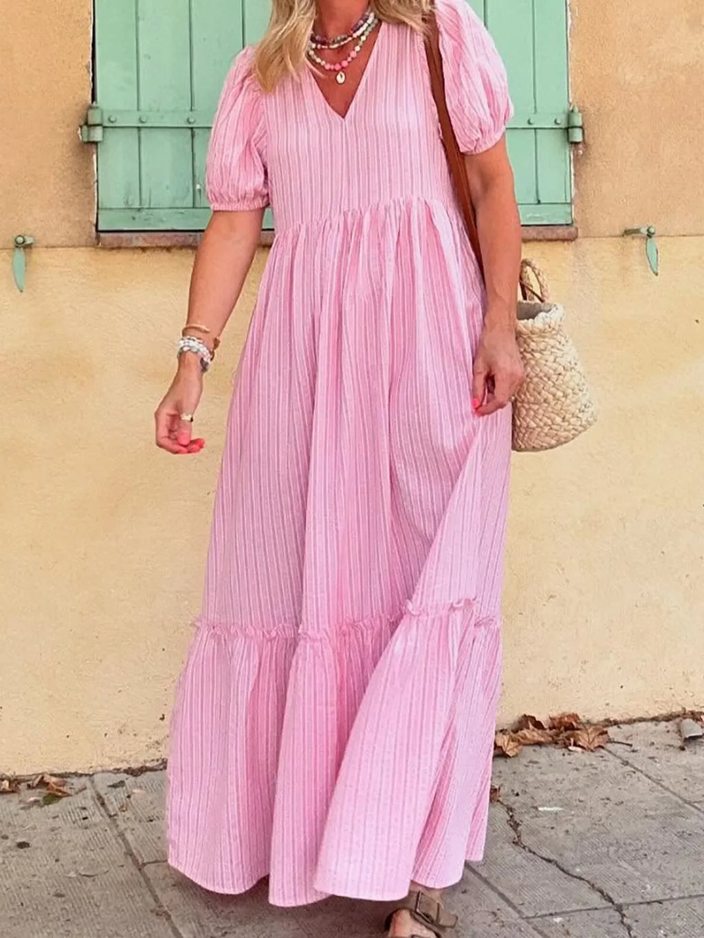 Striped Puff Sleeve V-Neck Maxi Dress