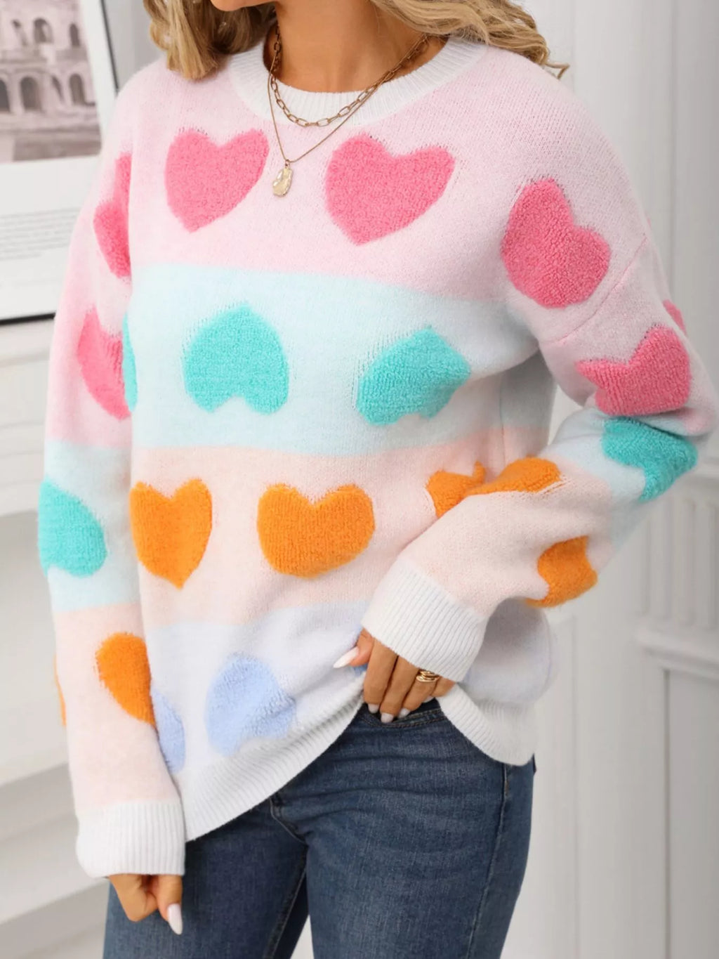Valentine's Day Heart Pattern Fuzzy Knit Sweater