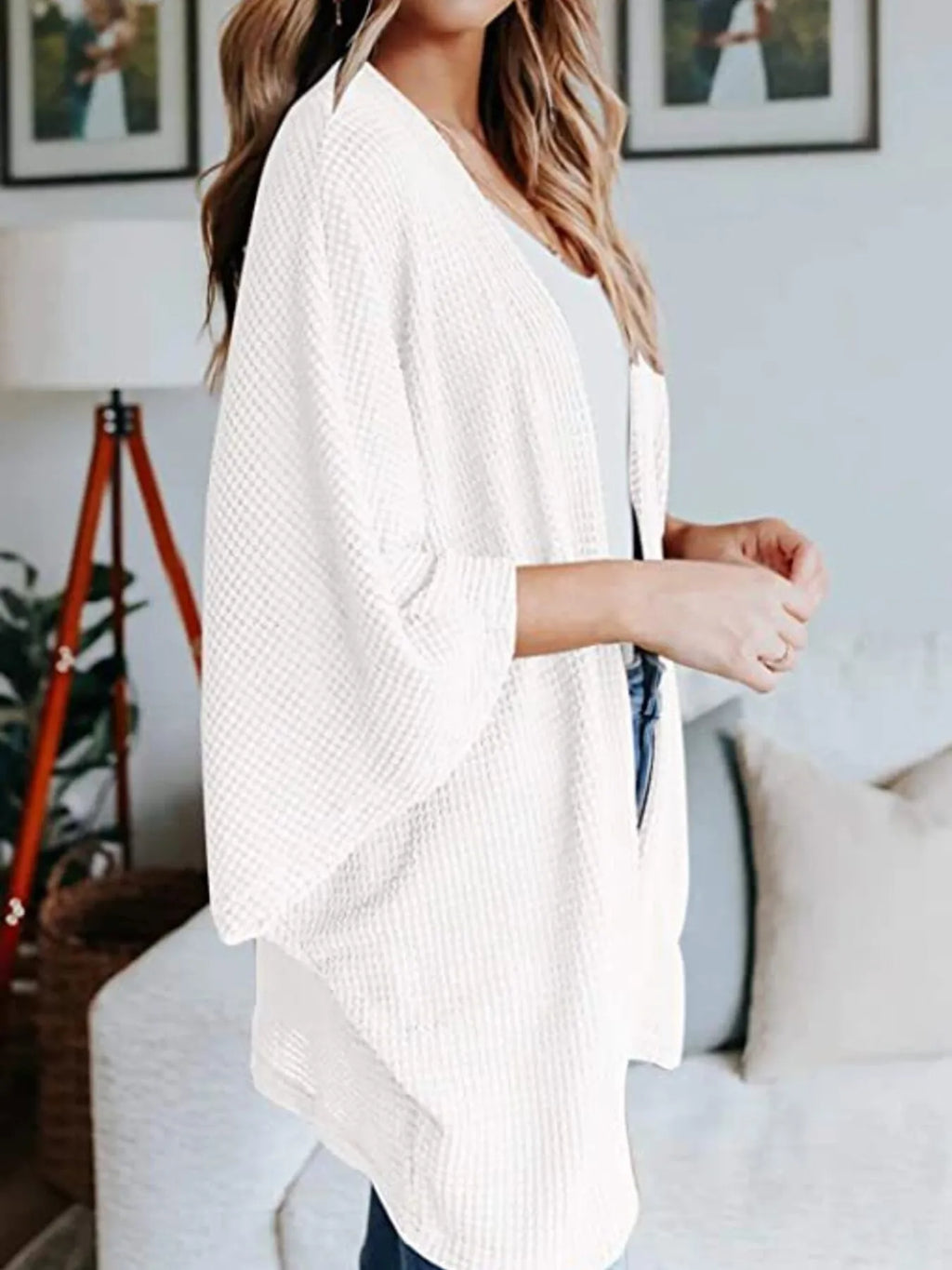 Full Size Open Front Waffle Knit Cardigan Plus Size