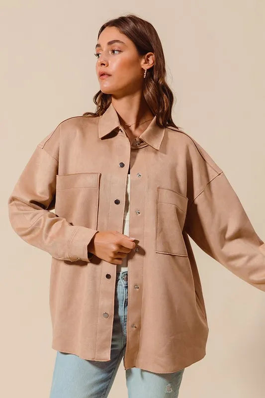 SO ME Faux Sued Snap Shacket with Collar and Pockets