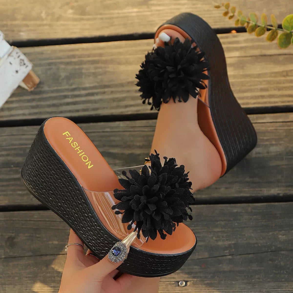 Floral Decor Platform Wedge Sandals