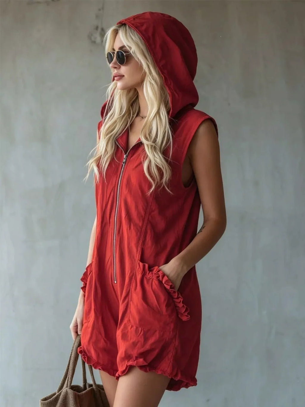 Full Size Hooded Sleeveless Zipper Romper with Ruffled Pockets Plus Size