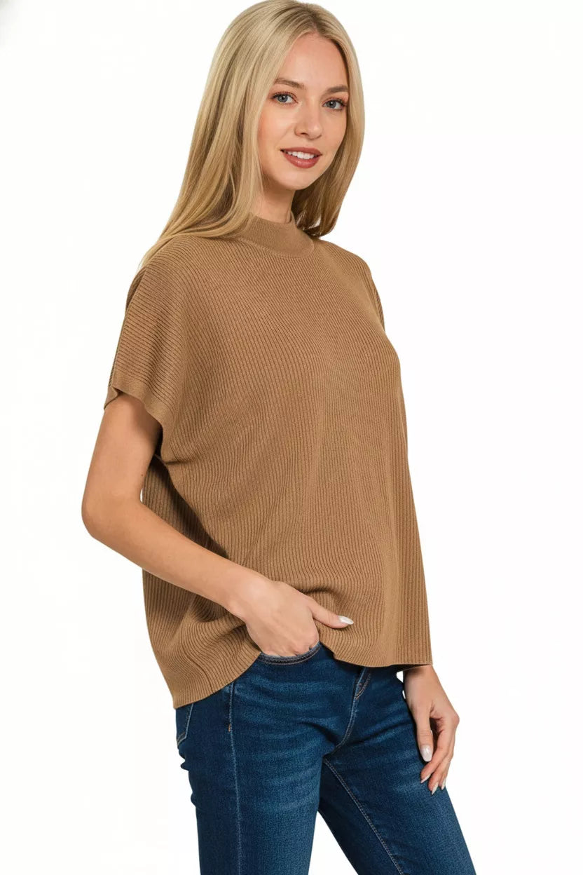 Zenana Viscose Mock Neck Short Sleeve Boxy Sweater