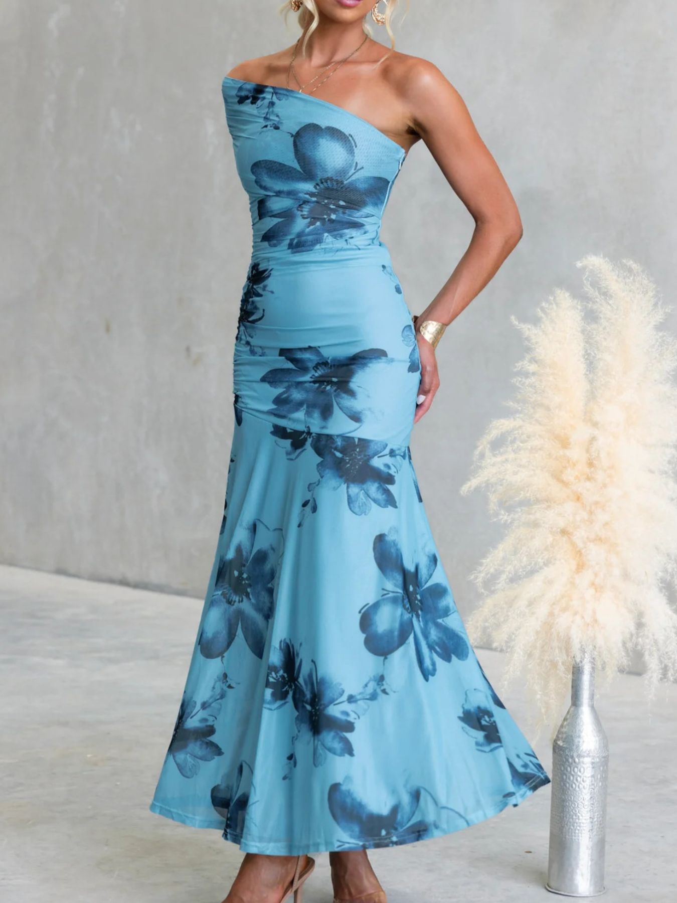 Floral Print One-Shoulder Ruched Maxi Dress
