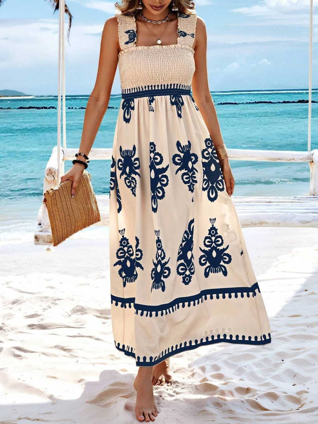 Smocked Bodice Colorful Print Tank Dress