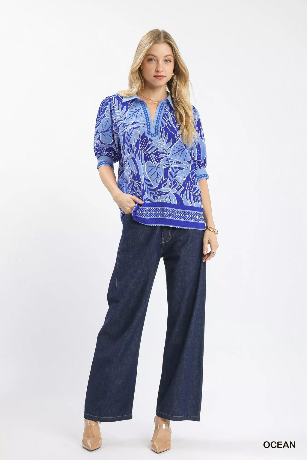 Umgee Tropical Print Puff Sleeve Blouse