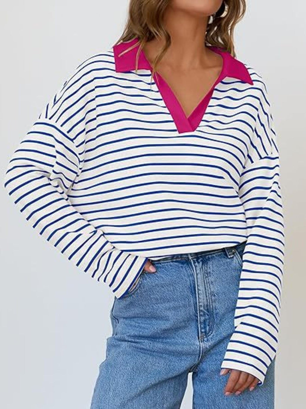 Striped Contrast Collar Long Sleeve Top