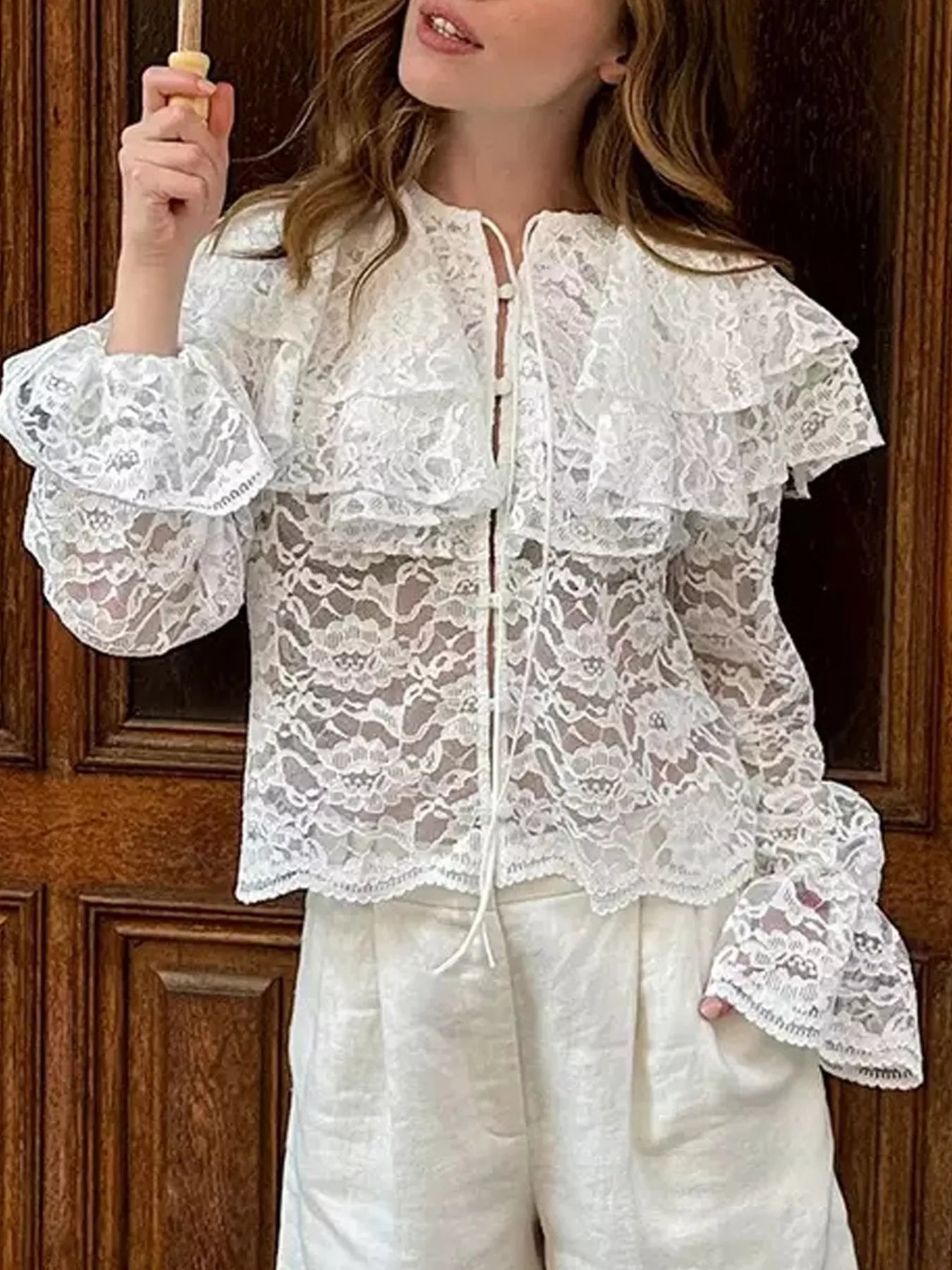 Ruffled Lace Flounce Sleeve Blouse