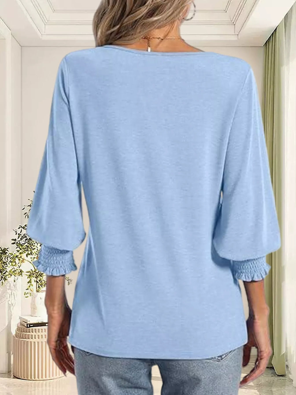 Full Size Notched 3/4 Sleeve Top Plus Size