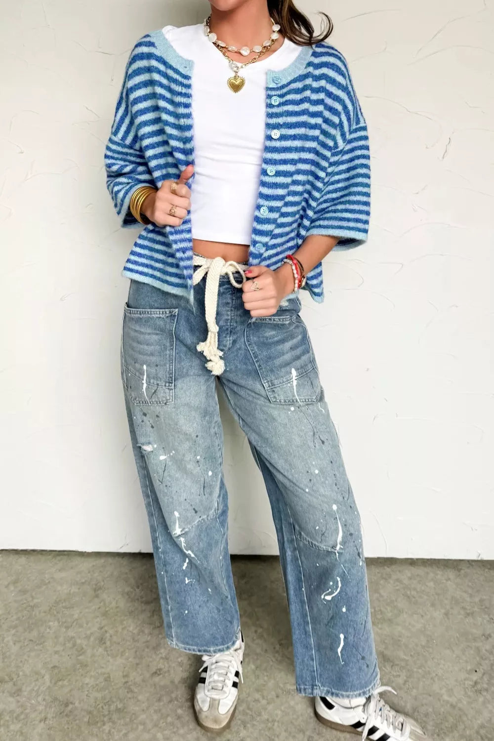 Stripe Loose Half Sleeve Knit Button Down Sweater Cardigan