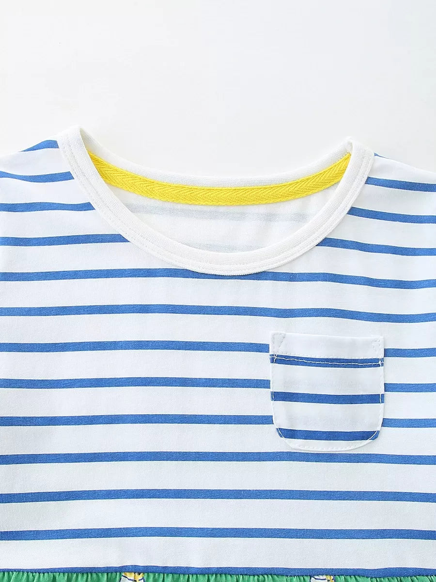Children's Striped Dog Print Short Sleeve Dress