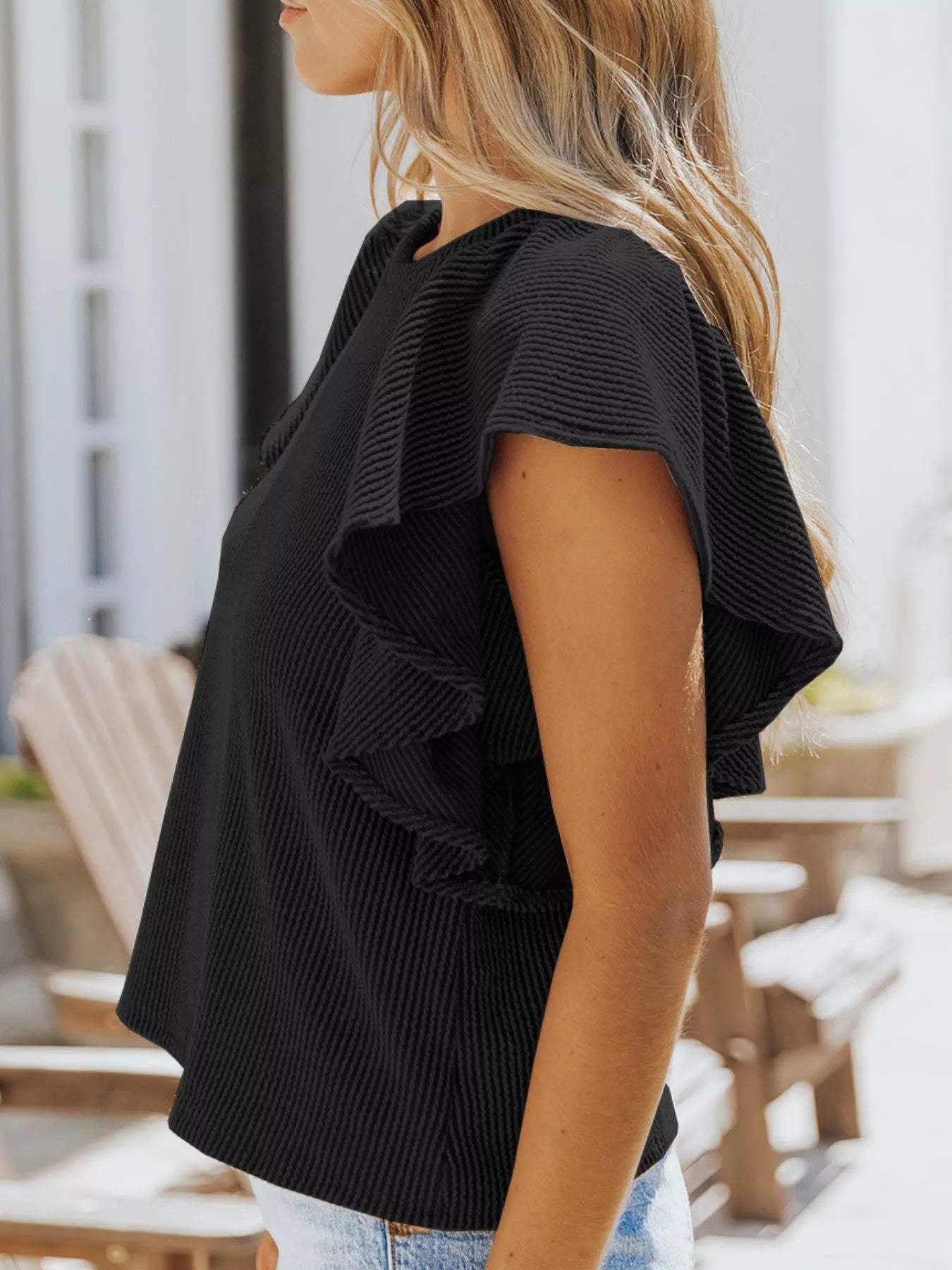 Full Size Ruffled Sleeve Ribbed Knit T-Shirt Plus Size