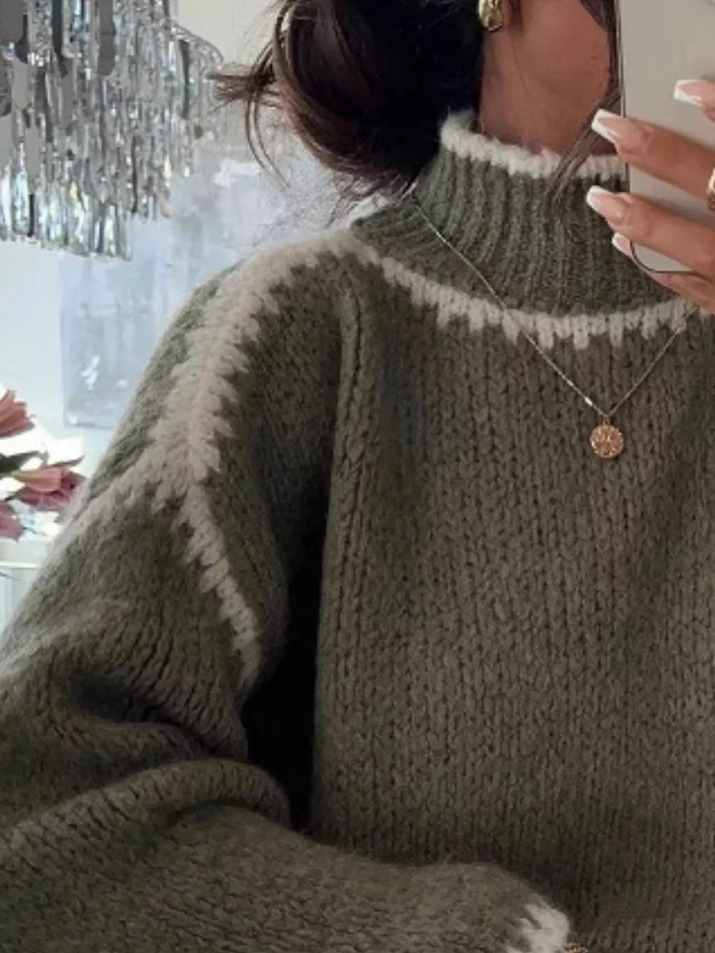 Contrast Trim Turtleneck Long Sleeve Sweater