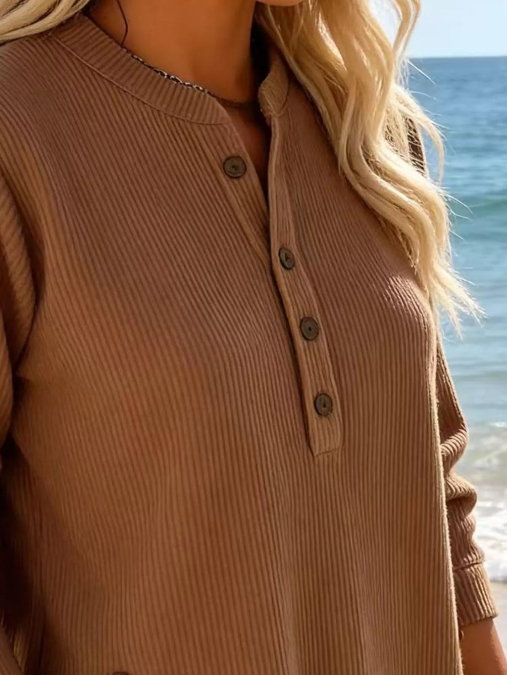 Full Size Ribbed Half Button Henley Top Plus Size