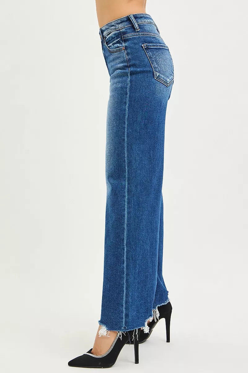 RISEN High Rise Wide Leg Jeans with Distressed Hem