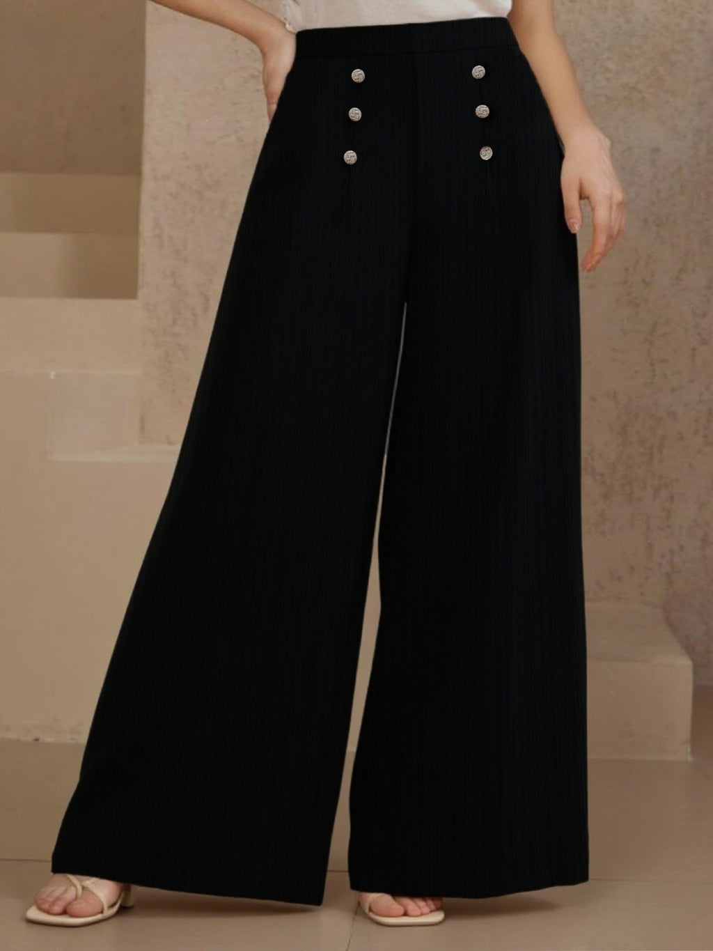 Plus Size High Waist Wide Leg Button Decor Pants