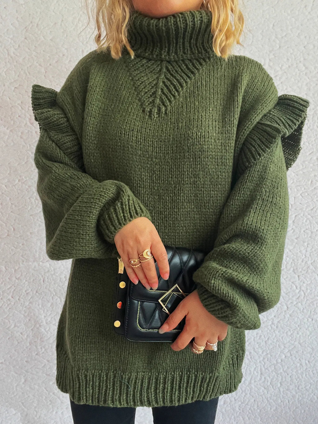 Ruffled Turtleneck Long Sleeve Sweater