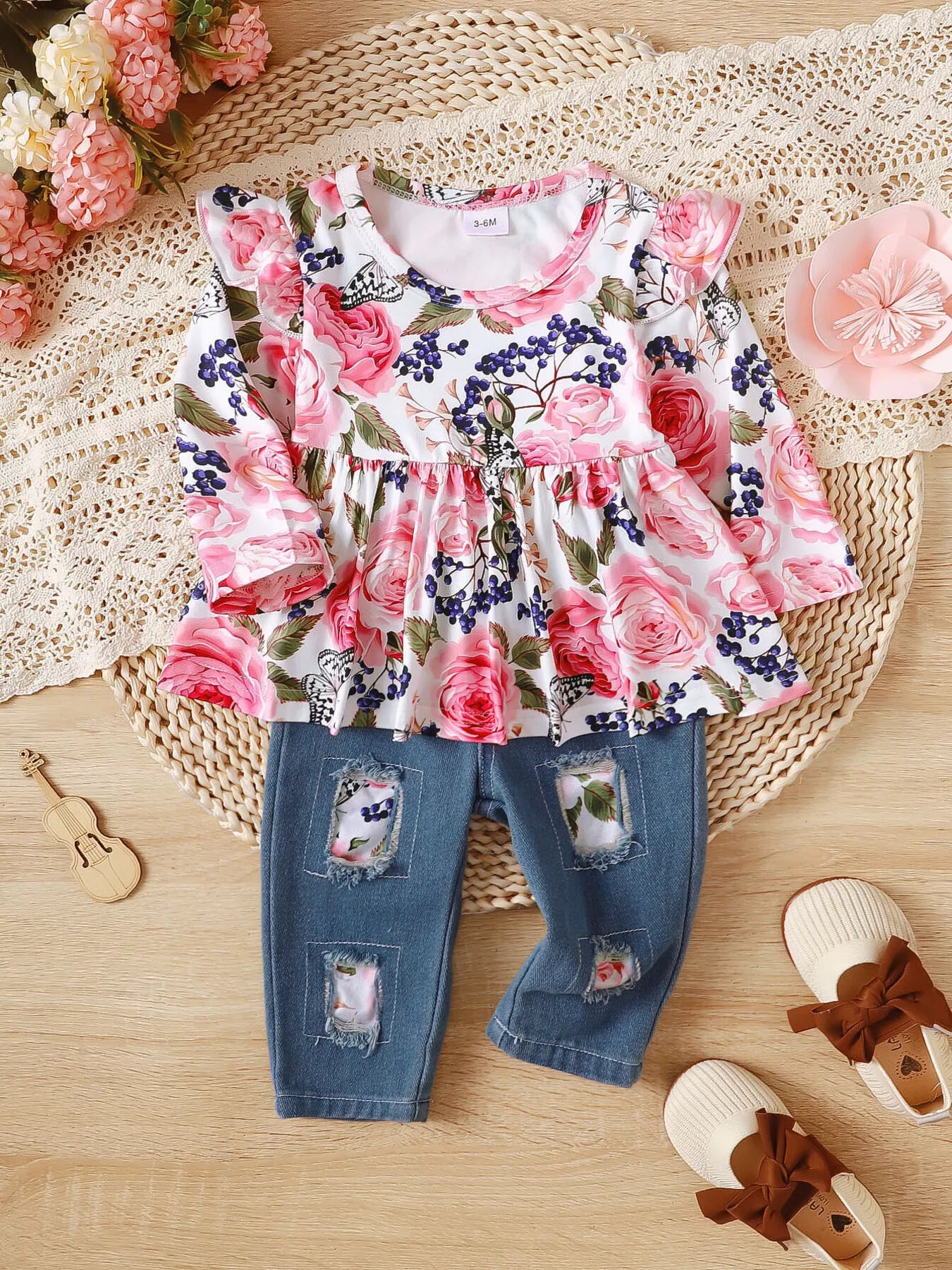Children's Floral Ruffle Trim Top & Distressed Jeans Set