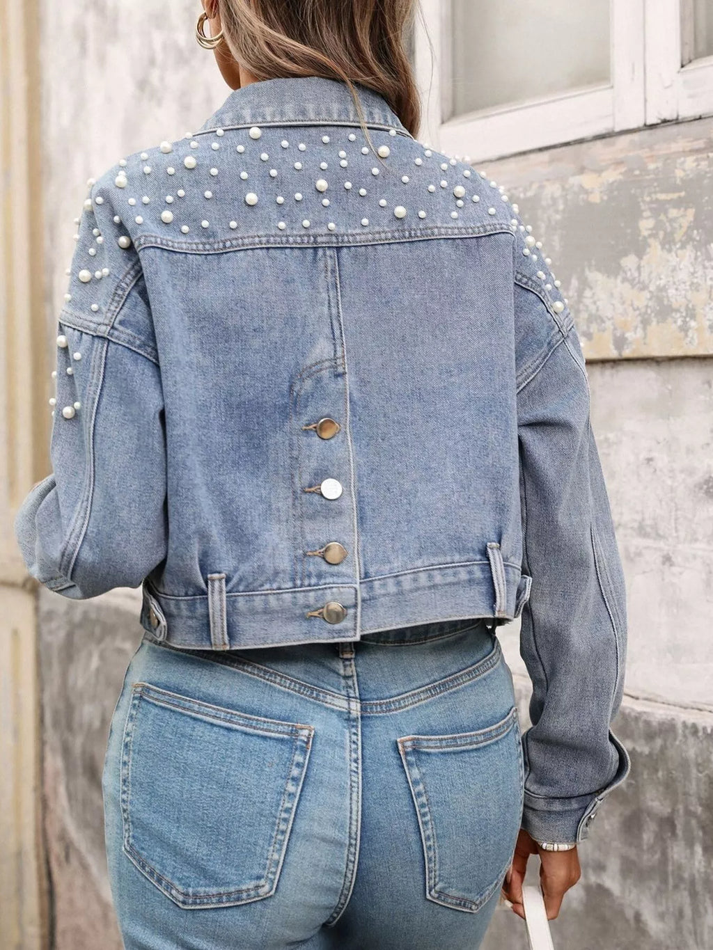 Pearl Embellished Cropped Denim Jacket