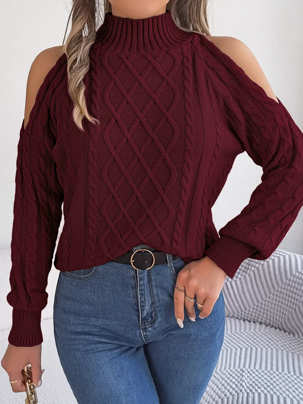 Cable Knit Cold Shoulder Turtleneck Sweater