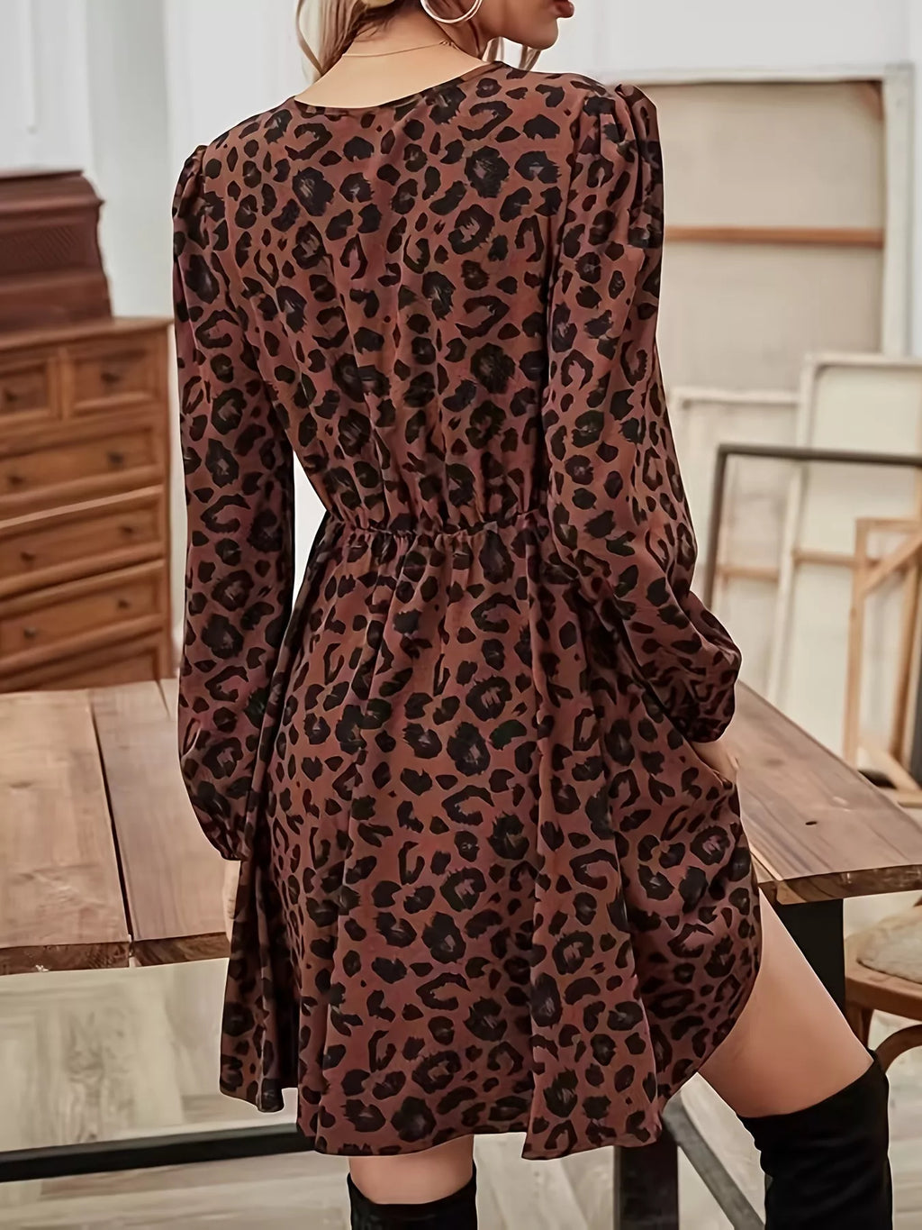 Leopard Print V-Neck Long Sleeve Mini Dress