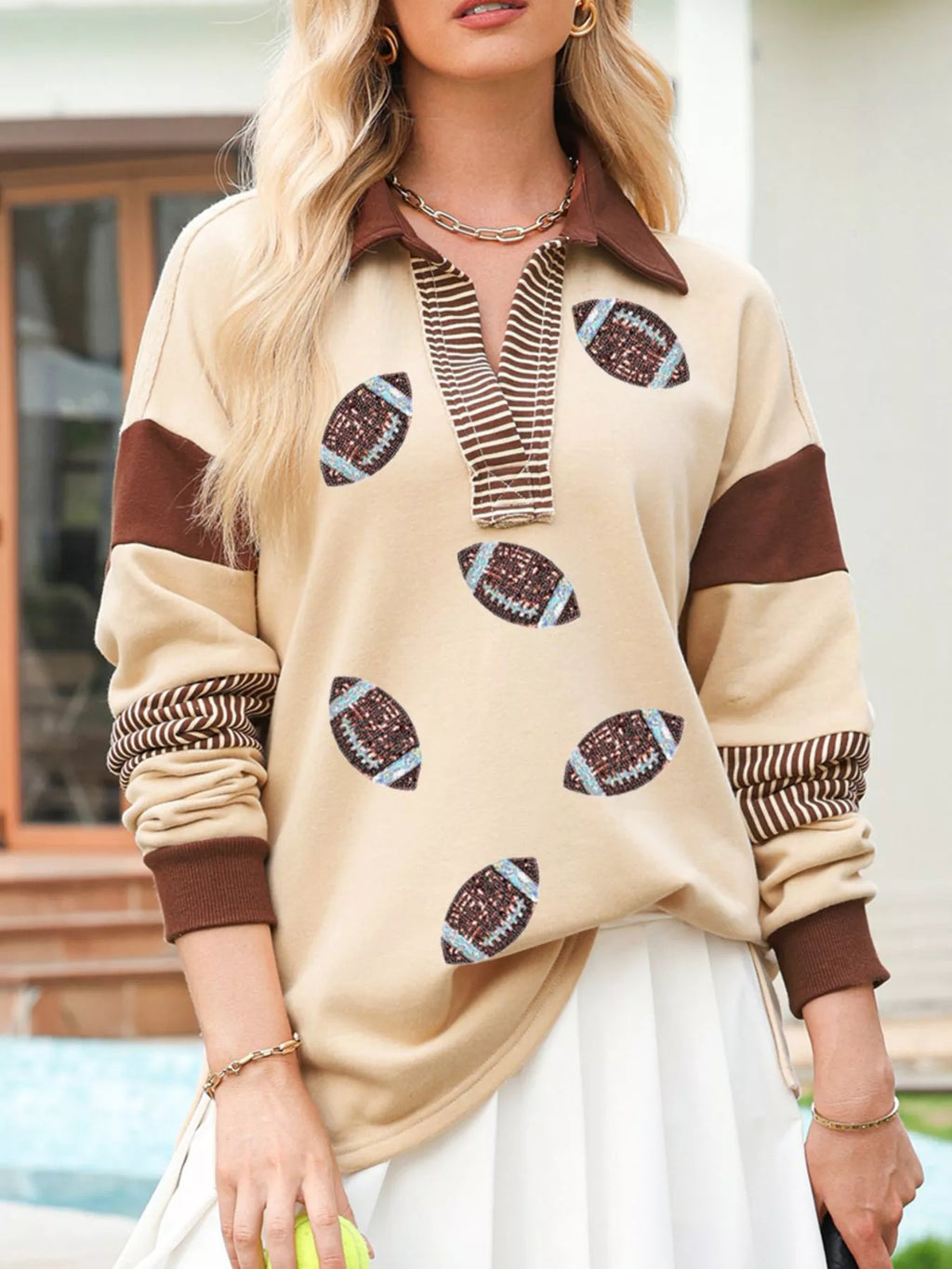 Color Block Striped Patchwork Sequin Rugby Graphic Polo Sweatshirt