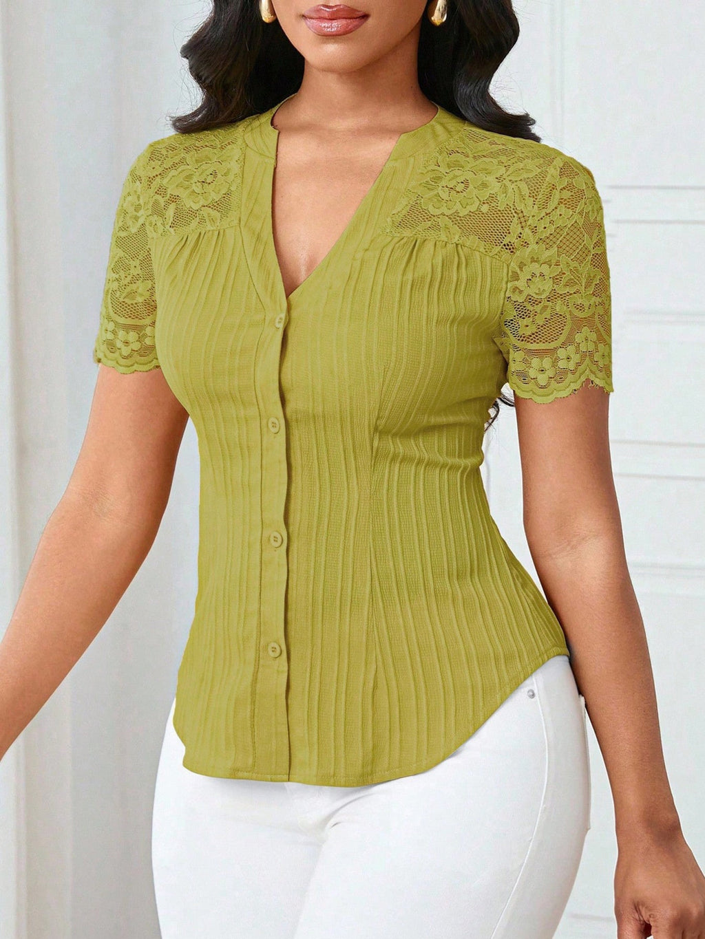 Lace Sleeve Button Up Shirt
