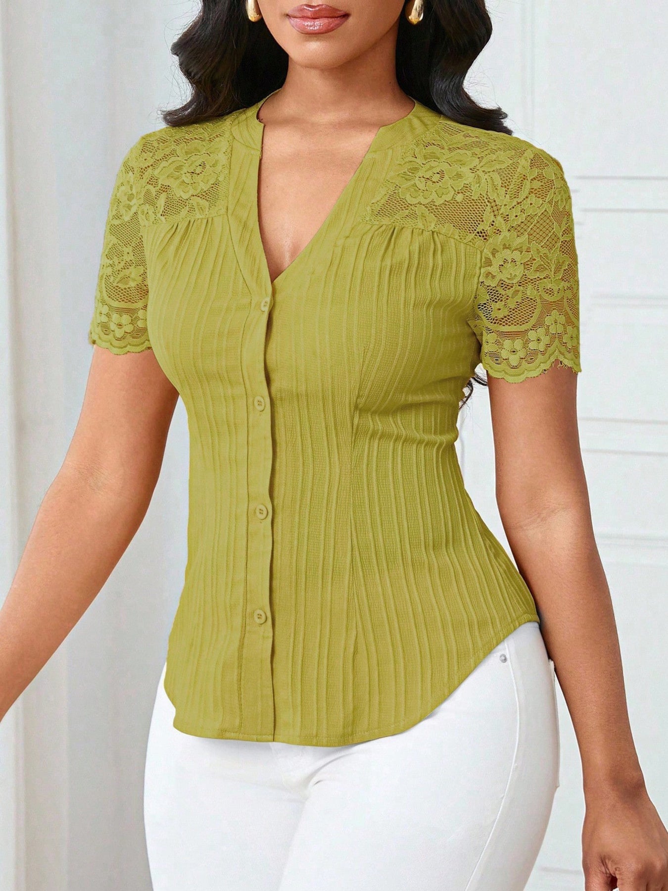Lace Sleeve Button Up Shirt