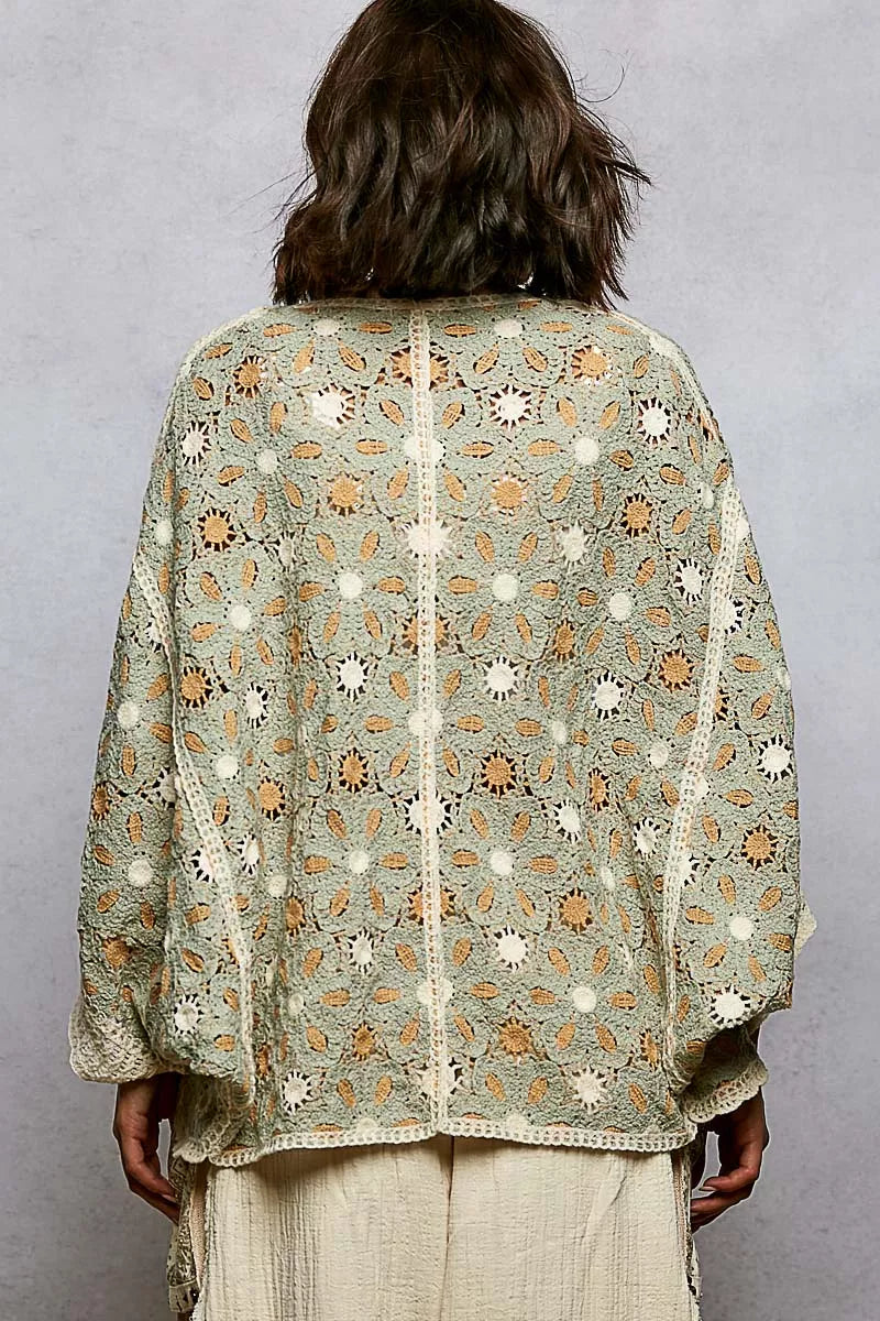POL Open Front Floral Pattern Crochet Cardigan