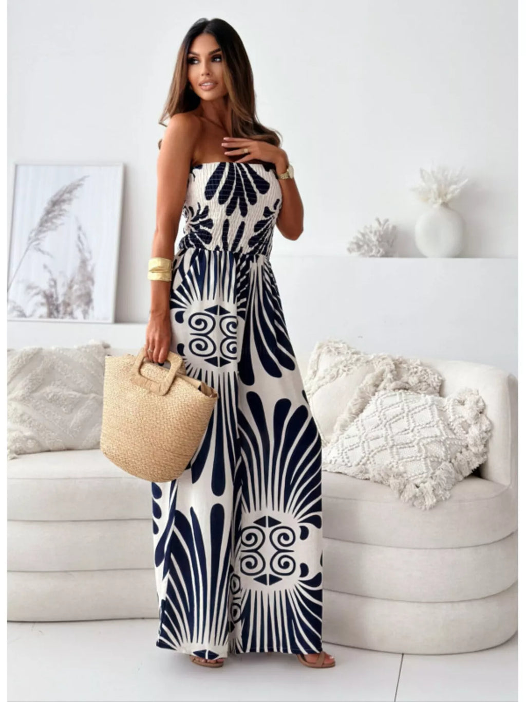 Printed Strapless Wide-Leg Jumpsuit