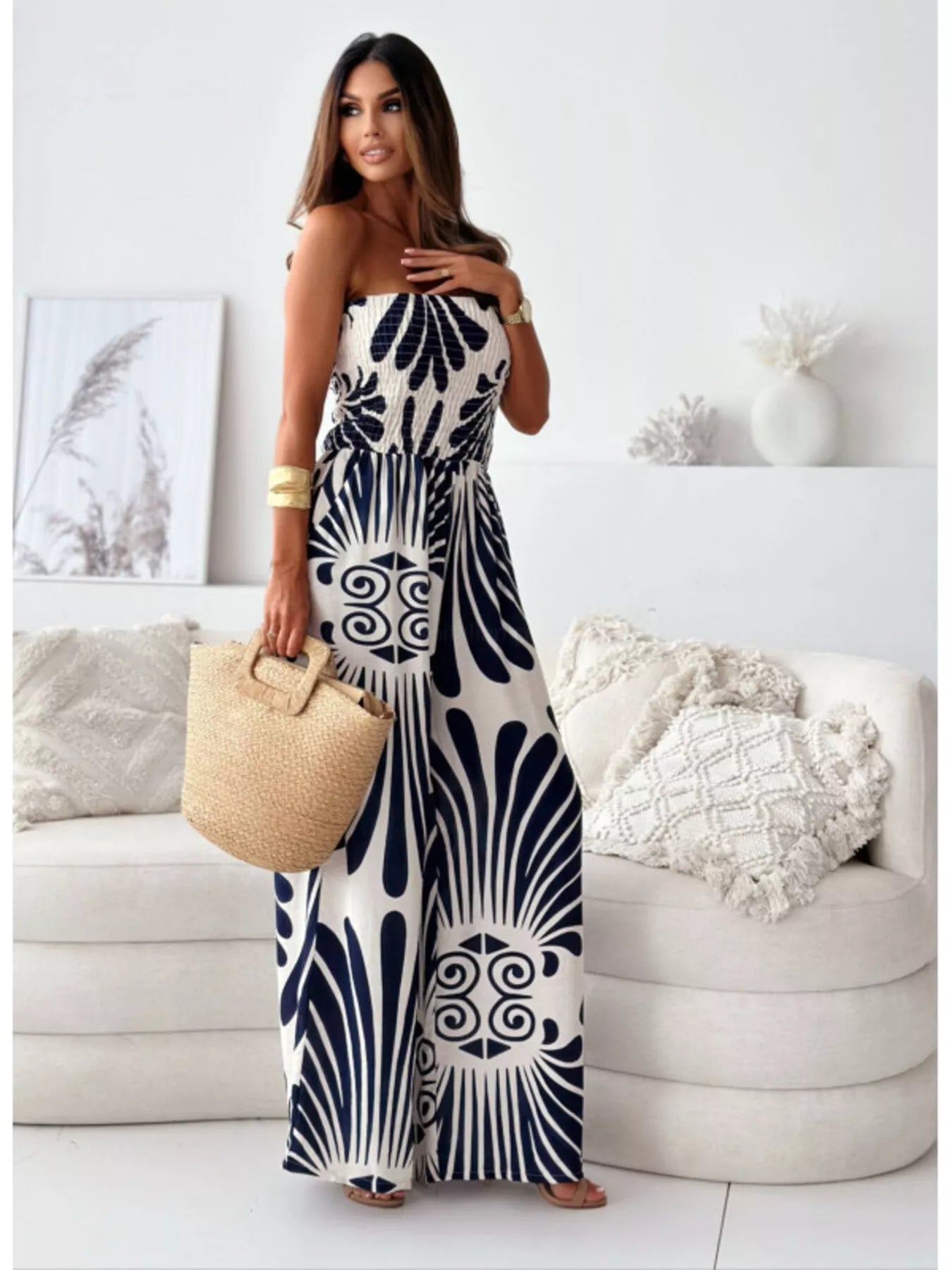 Printed Strapless Wide-Leg Jumpsuit