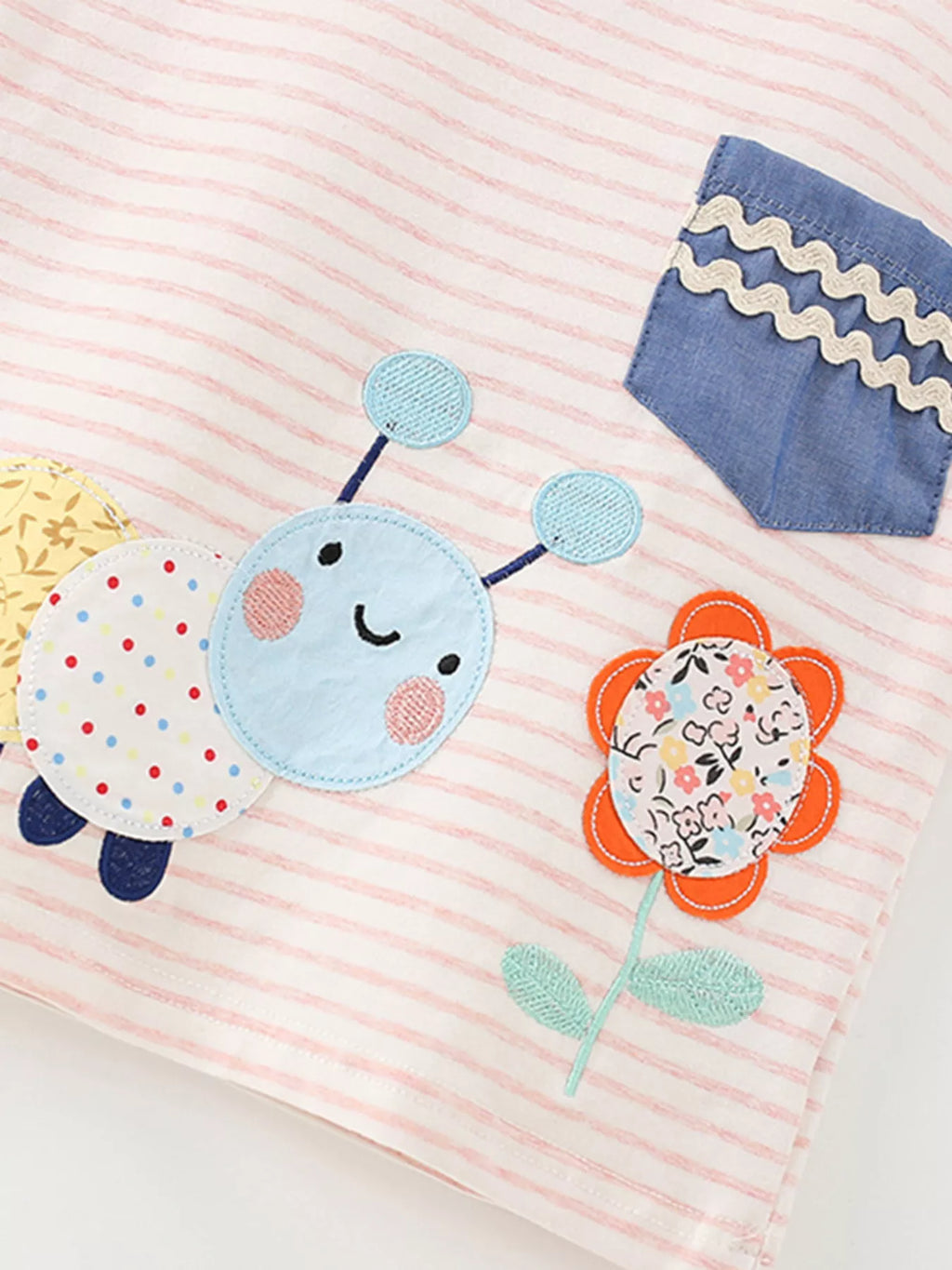 Children's Cute Cartoon Caterpillar Applique Striped T-Shirt