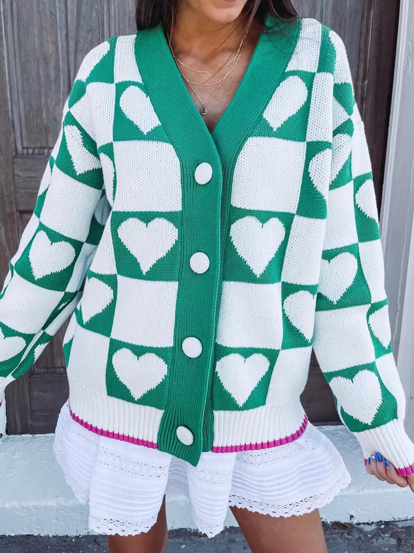 Plaid Heart Knit V Neck Button Down Sweater Cardigan