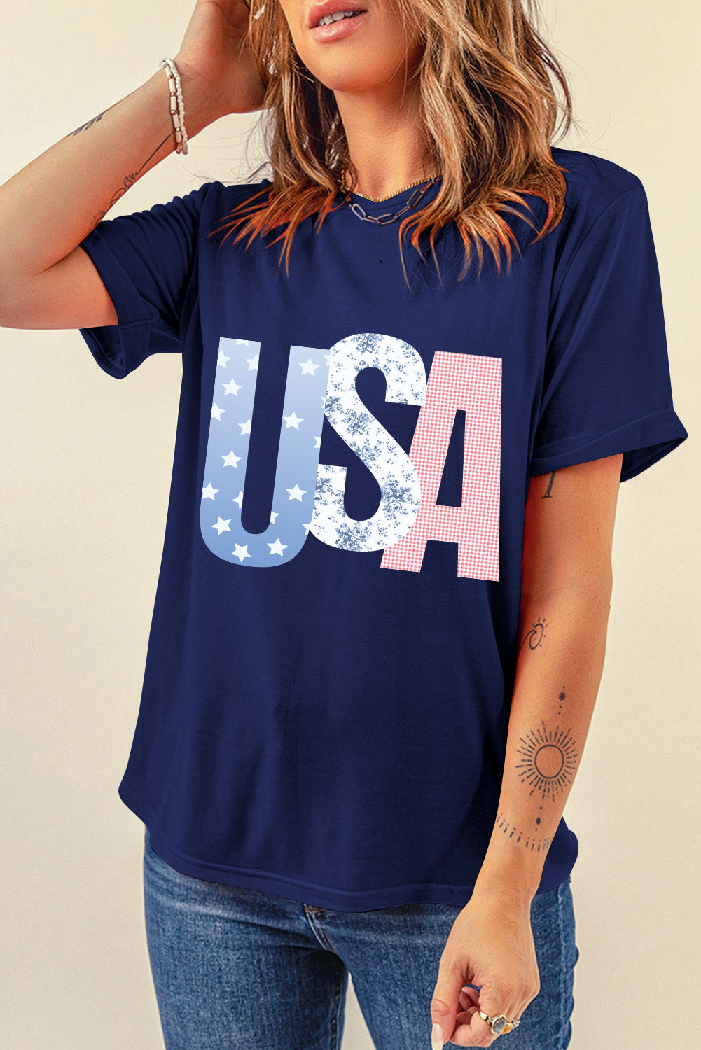 Blue USA Graphic July 4th Crew Neck T Shirt