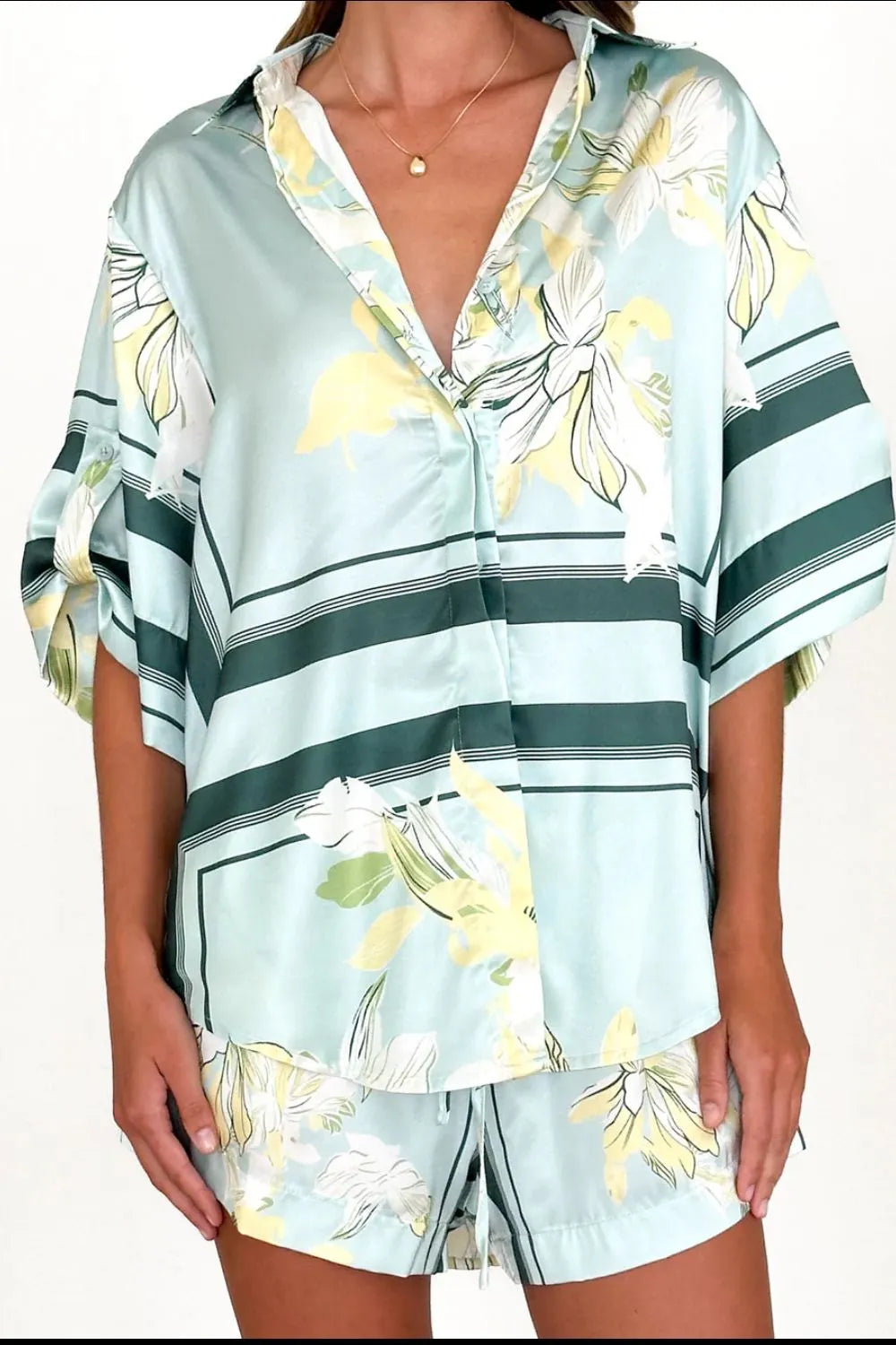 Printed Collared Neck Top and Shorts Set