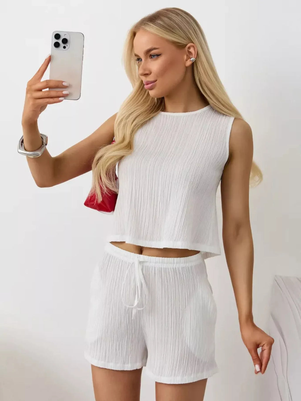 Textured Round Neck Tank and Shorts Set