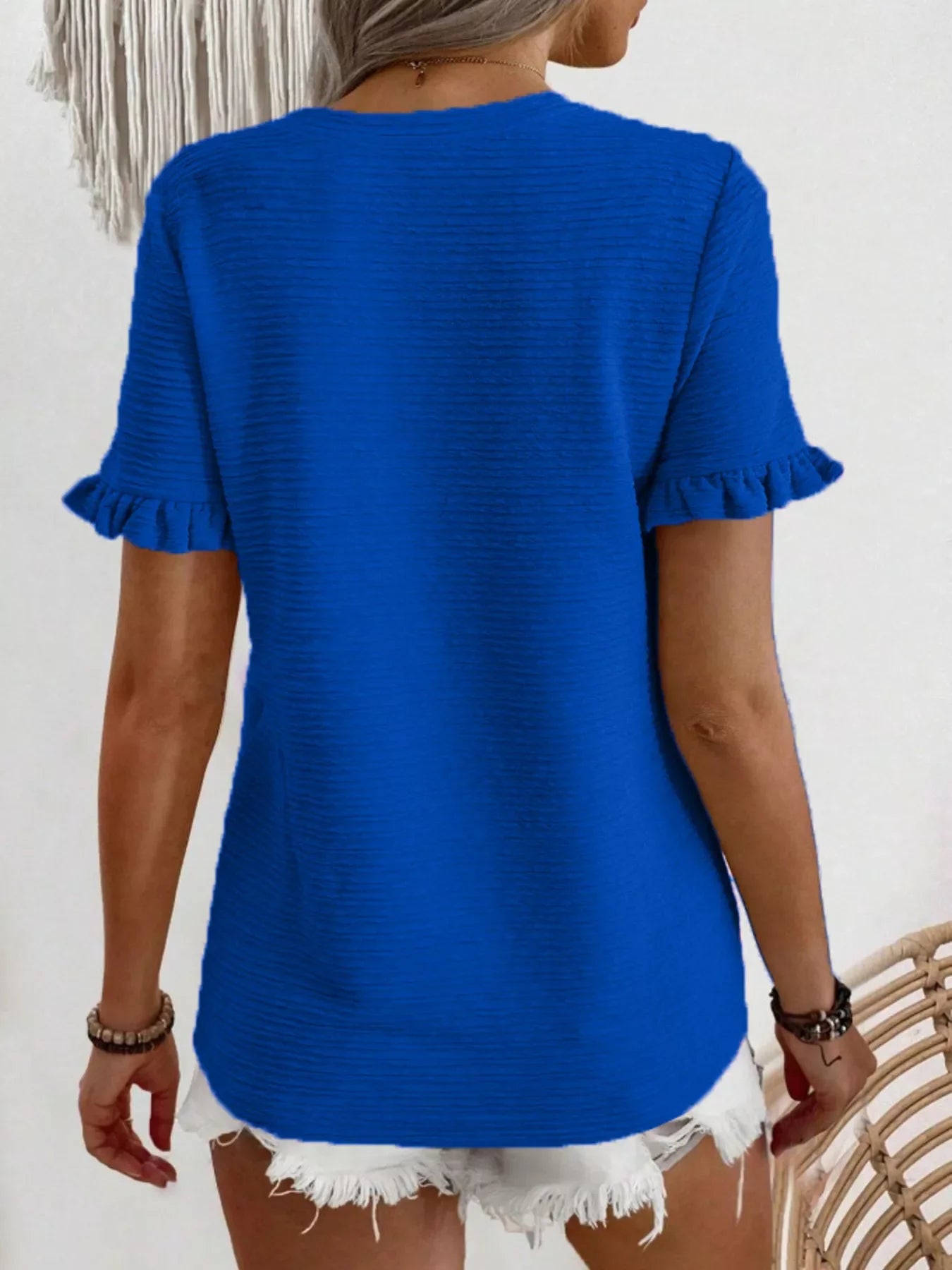Textured Ruffle Sleeve Round Neck T-Shirt