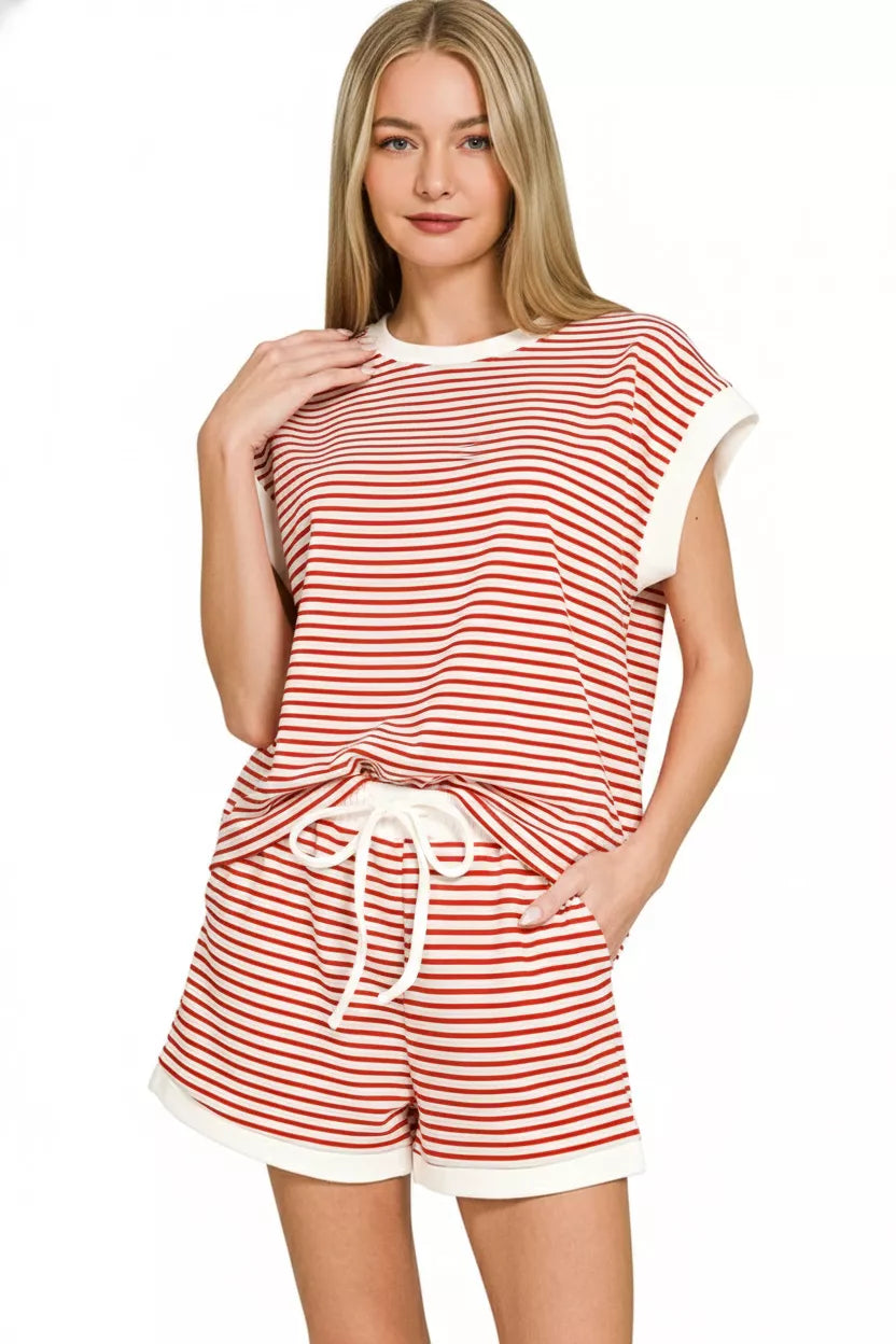 Zenana Stripe Contrast Trim Top & Shorts Set