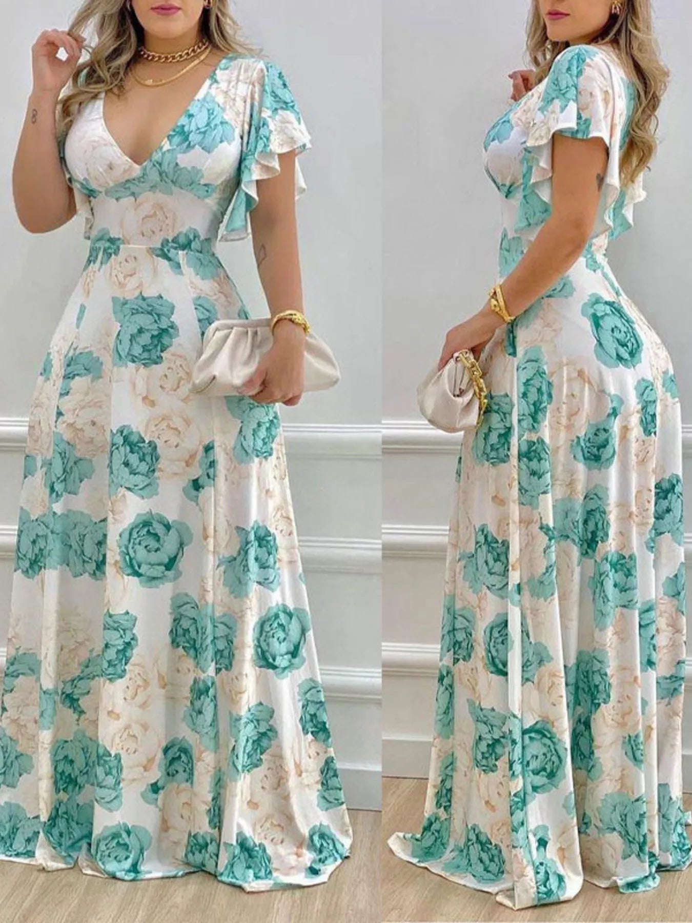 Floral Print V-Neck Ruffle Sleeve Maxi Dress